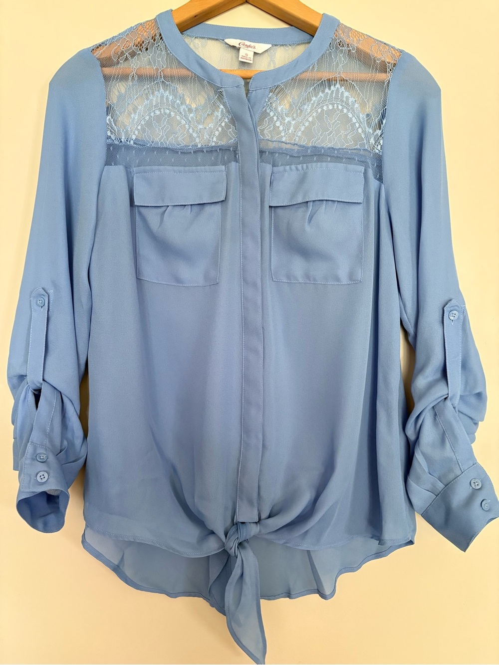 Candie’s Women’s Small Blue Lace Yoke Blouse Tie Front Roll Tab Sleeve Y2K